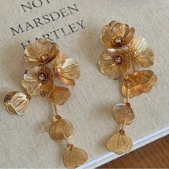 Gold Floral Chandelier Earrings with Dangling Discs - Picture 4 of 4